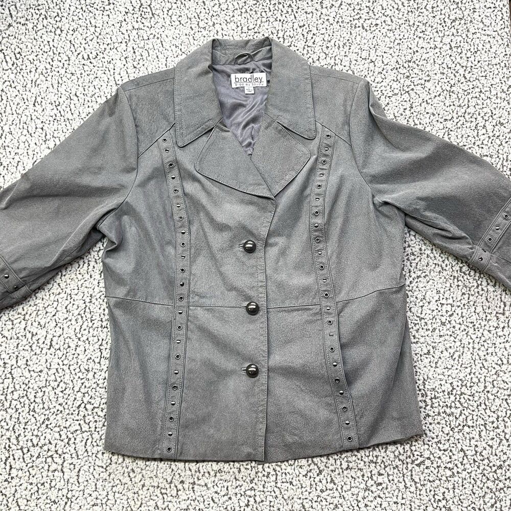 Bradley Bayou Genuine Suede Leather Jacket Womens XL Gray Studded Button Front - Picture 3 of 16